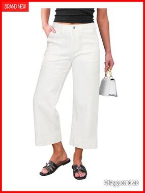 Wide Leg High Waisted Capri Jeans Stretchy Denim Patch Pockets Casual
